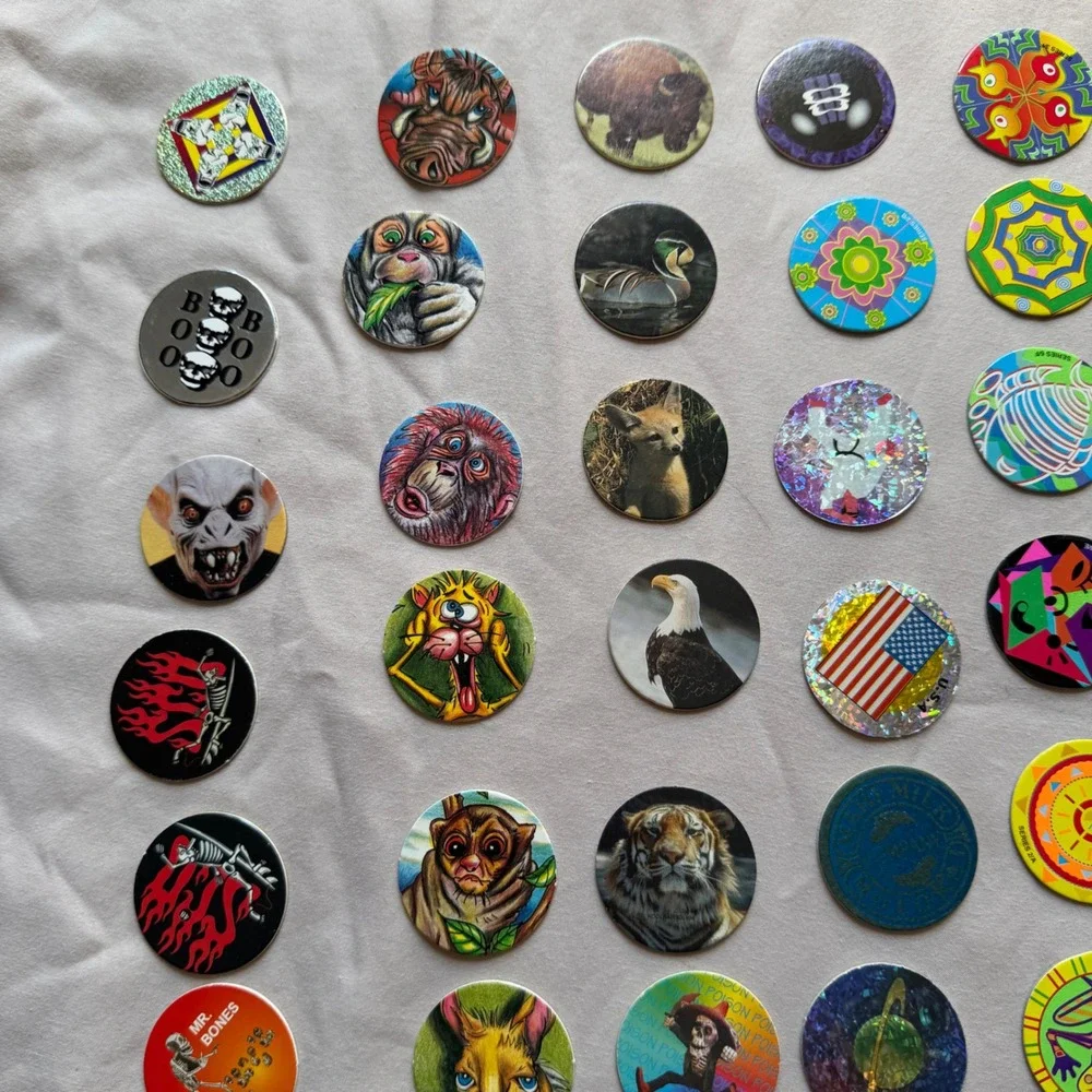 Vintage 90s Pogs Lot 170 Nostalgia 2 Slammers Storage Tube Skulls Holo YinYang